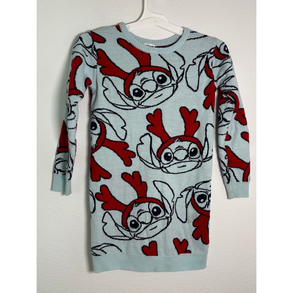 Disney Stitch Reindeer Antlers Christmas Sweater Dress‎ Girls L 10/12 Blue Red